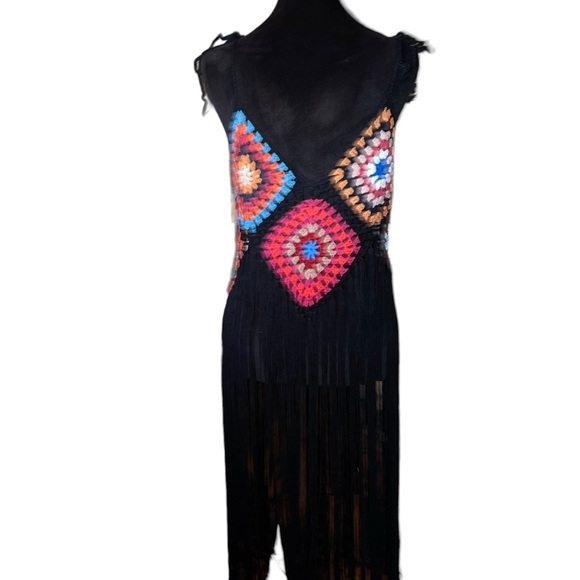 Women’s Boho Granny Square Bathing Suit Cover Up Multi Color Long Fringe NWOT - Picture 5 of 6